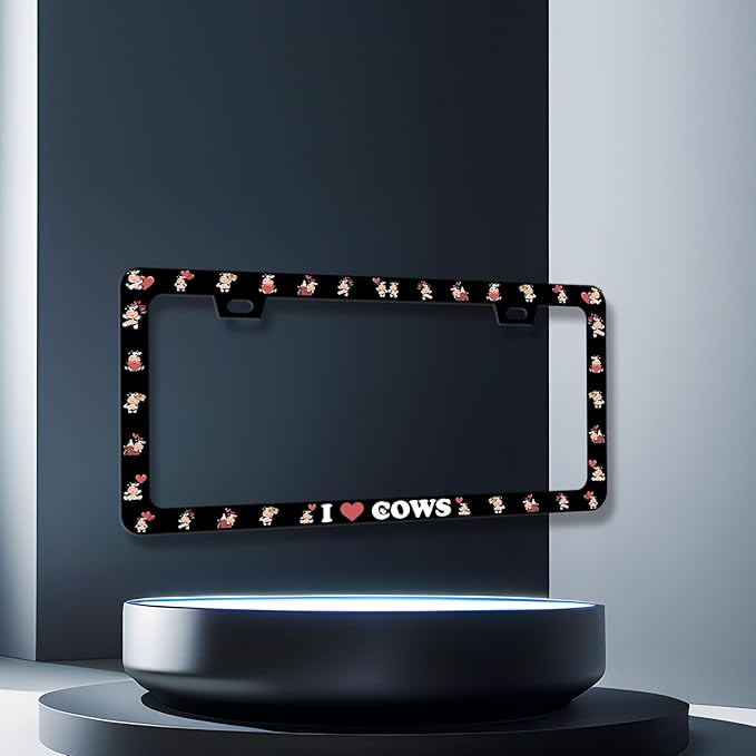 Cow License Plate Frame Cute I Love Cows License Plate Holder for Personalized Colorful Animal Car Decorative Stainless Steel Funny License Plate Cows Auto Part with Screws 12.2" x6.2"
