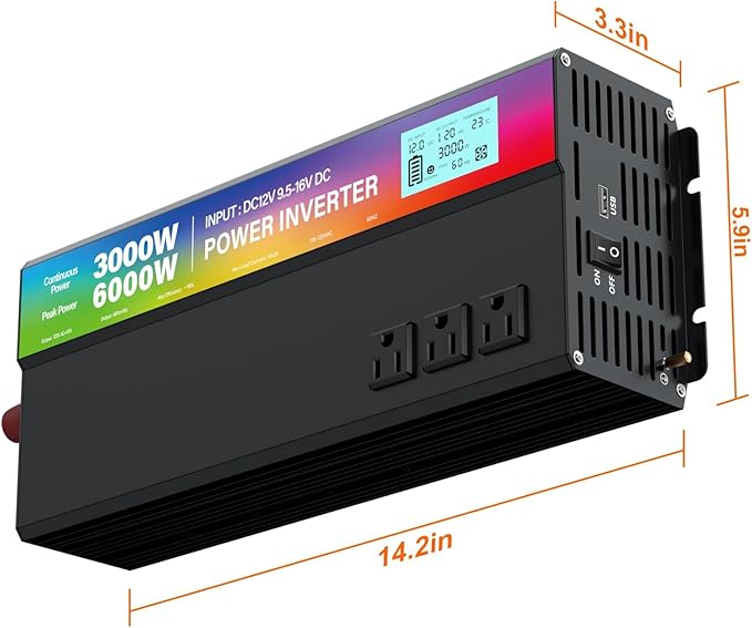 New Upgraded 3000 Watt Power Inverter,12V DC to 110V/120V AC Converter,6000W Peak Power with 3 AC Outlets,3.4A USB Port,LED Display Car Inverter for Vehicles,Truck,RV,Outdoor Activities,Solar System
