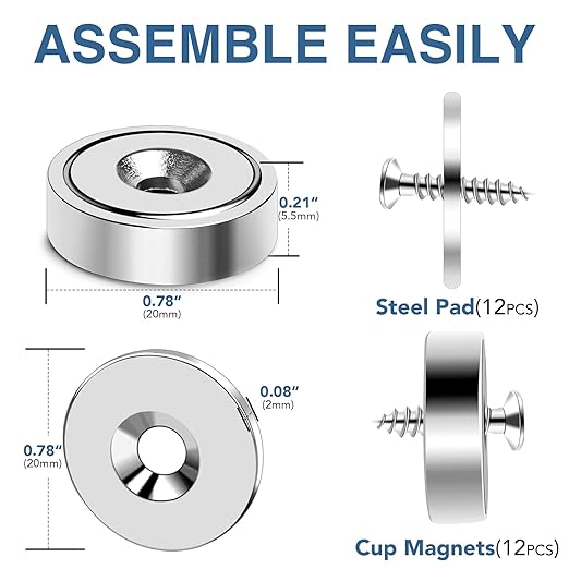 MIKEDE Round Magnets with Hole, 40LB Strong Rare Earth Magnets Heavy Duty for Wall Mounting, Neodymium Cup Magnet with Holes in The Center, Screws for Tool Room,Industrial - 10 Pack