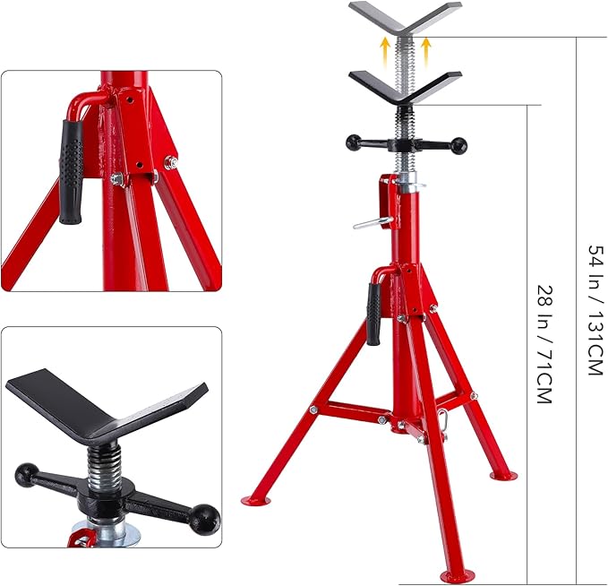 Towallmark V Head Pipe Jack Stand,28-52 Inch Adjustable Height,1/8"-12" Capacity, 2500 lb Load Capacity,Heavy Duty Carbon Steel Body, Steel Jack Stands with Portable Folding Legs