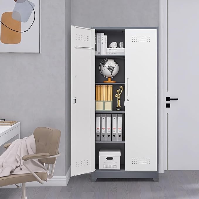 GREATMEET 72.8" Broom Storage Cabinet, Utility Cabinets for Brooms and Mops, Metal Storage Cabinets for Cleaning Supplies, Utility Closet for Garage, Grey&White