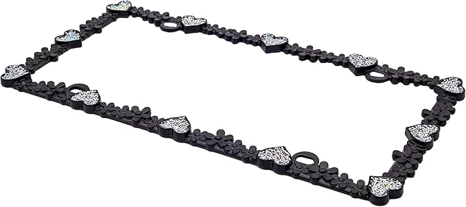 Creathome 3D Shining Daisy Heart License Plate Frame from Pure Zinc Alloy Metal Perfect Plate Holder, Matt Black with Silver Glitter Luminously Heart