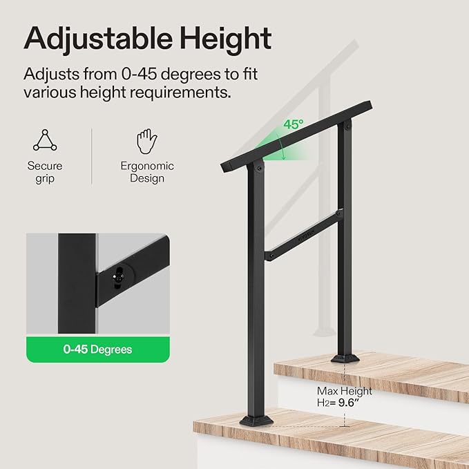 VIVOSUN Outdoor Handrail, 2 Step Stair Handrail, 26" × 36" Fits 1 to 2 Steps, Wrought Mattle Iron Handrail for Concrete Steps, Porch Steps, One-Step Assembly, Black
