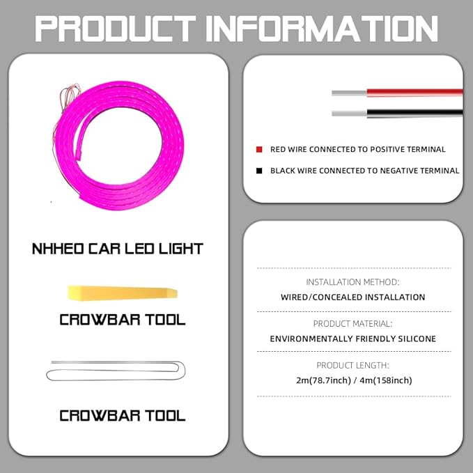 Car LED Strip Light For Trunk, 79Inch IP67 Silicone Waterproof Neon Light Strip Embedded, Flexible Cutting Universal Auto Interior Lights(Pink)