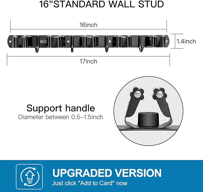 IMILLET Broom Holder Wall Mount, Broom Holder Stainless Steel Heavy Duty Garage Organization Broom Organizer Wall Mount Self Adhesive Laundry Room Organization and Storage（5 Racks and 4 Hooks）