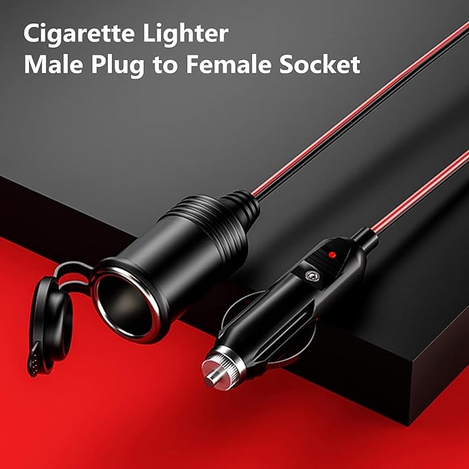 KEWIG 12/24V Car Cigarette Lighter Extension Cord - 20FT Cigarette Lighter Plug Cable- 16AWG Heavy Duty Extension Cable with 15A Fuse and LED Indicator