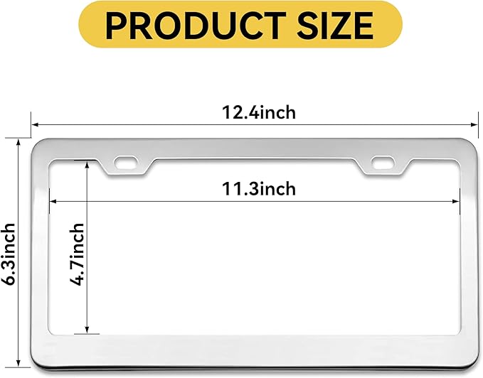 Mirror Polished Heavy Duty Stainless Steel License Plate Frame with Chrome Screw Caps, 2 Holes Rust-Proof Chrome-Like Finish Stainless Steel License Plate Frames 2 Pack