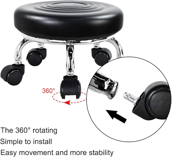 Modern Roller Seat PU Leather Low Round Rolling Stool 360 Swivel Small Stool with Universal Caster Wheels for Home Office, Garage, Shop, Fitness, Sport (H: 8.4' Black)