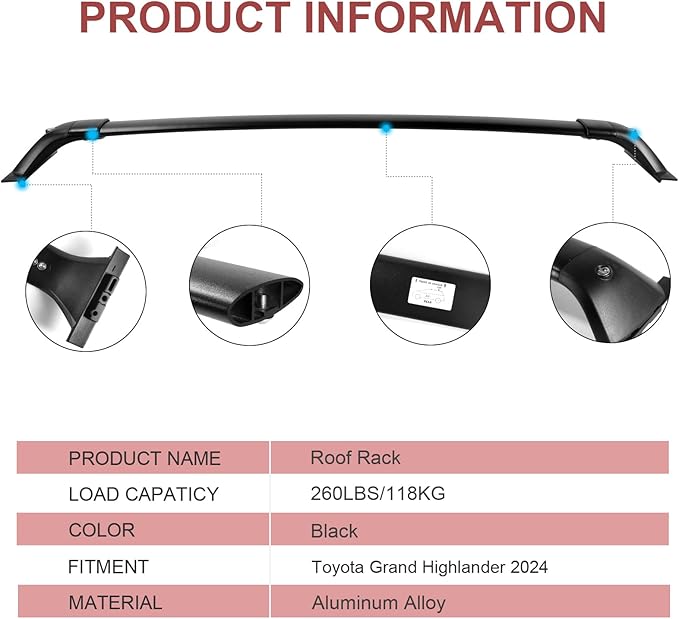 KINGGERI Lockable 260LBS Roof Rack Cross Bars Compatible with Toyota Grand Highlander & Lexus TX 2024 2025(with Flush Side Rails), Heavy Duty Aluminum Roof Rails Crossbars Rooftop Luggage Racks