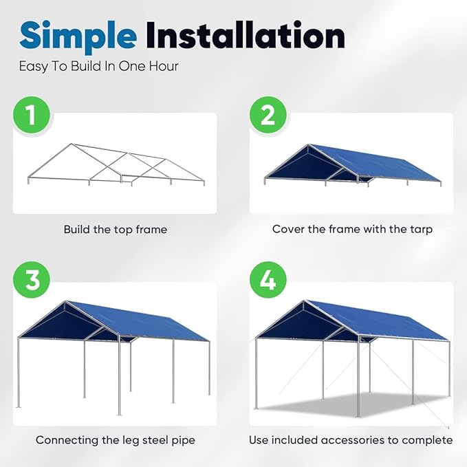Quictent 10x20 ft Heavy Duty Car Canopy Galvanized Frame Carport Outdoor Party Tent Boat Shelter with 3 Reinforced Steel Cables - Blue