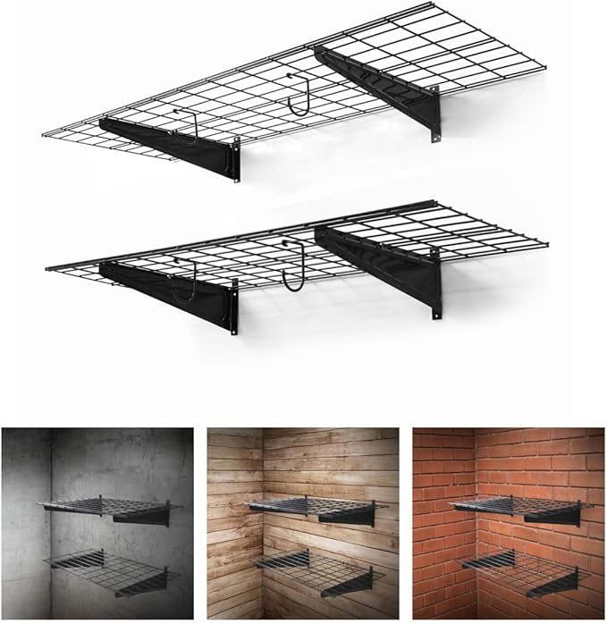 Fencer Wire 48 in. W x 18 in. D Wall Mounted Garage Wall Shelving w/ 2 Hooks, Black Wall Shelf, Heavy Duty Garage Wall Storage System, Garage Organizer Floating Shelves, 500lb Weight Capacity