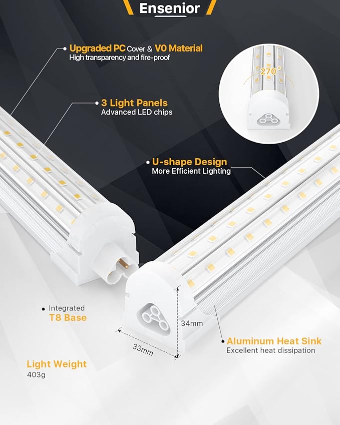 Ensenior 6 Pack 8 FT Led Shop Lights, 5000K Daylight, 10000LM Super Bright, 72W Equivalency 936W, Commercial Bay Lighting, U-Shaped Linkable Shop Lights Plug in for Garage, Workshop, FCC Certified