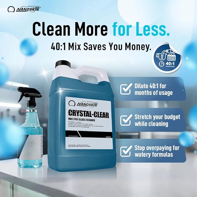 Nanoskin CRYSTAL-CLEAR VOC-Free Glass Cleaner 5 Gallon - Ultra-Concentrated, Eco-Friendly, Streak-Free Finish | Versatile Use for 40:1 Dilution | Perfectly Safe for Auto, Home, Garage & Beyond
