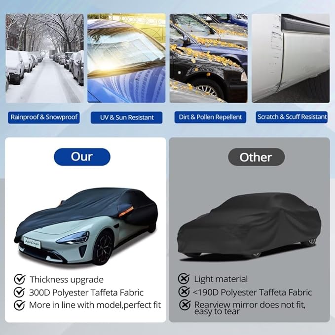 6 Layer Heavy Duty Car Cover Waterproof All Weather Protection with Cotton Liner, Universal Fit Lincoln MKZ, Chrysler 300, Tesla Model S, Cadillac CTS CT5, Dodge Challenger Charger