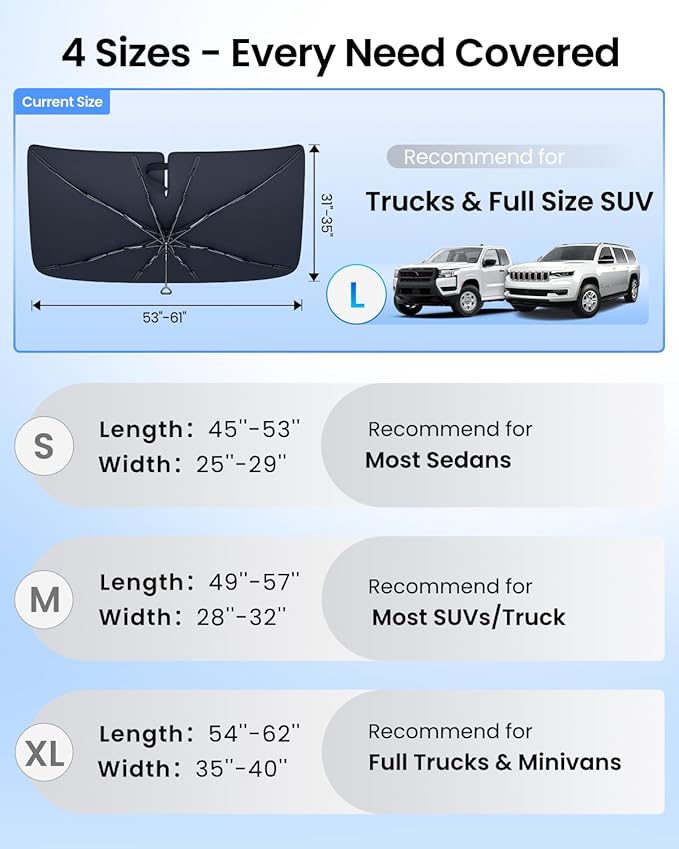 REEVAA 2025 Upgraded Truck Windshield Sun Shade Umbrella [100% Sun Protection & Keep Cool] Protect Interior, 360° Flex Handle Sun Shield Sunshade, Large (61''x35'') for Truck/Full-Size SUV Car