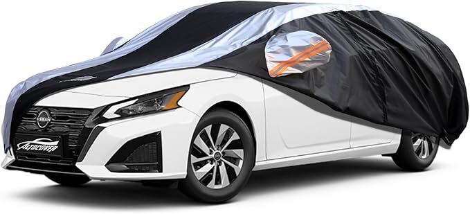 Altima Car Cover Waterproof All Weather with Silver Strip Design, Custom Fit for Altima 2005–2025, Altima Accessory with Door Zipper & Windproof Straps