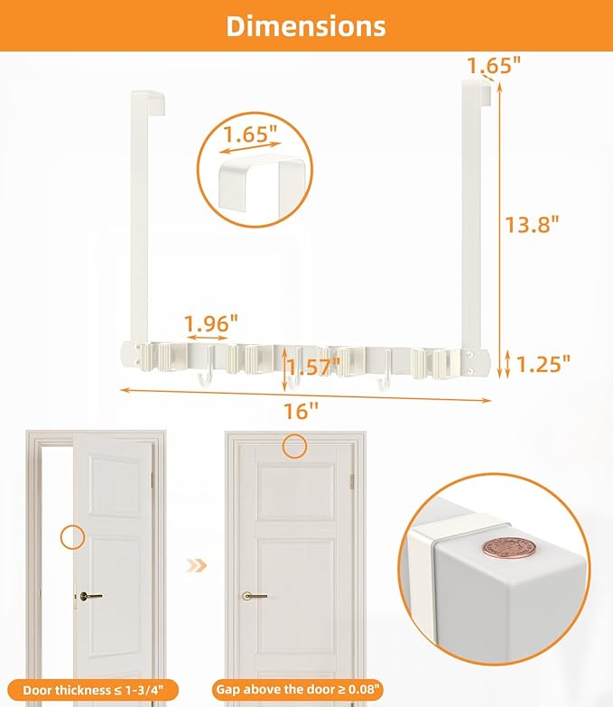 Broom Holder Over The Door - 304 Stainless Steel Mop and Broom Holder Wall Mounted or Hanging Over The Door with Hooks - Broom Hanger - white, Broom Storage Tool Organizer for Closet Laundry