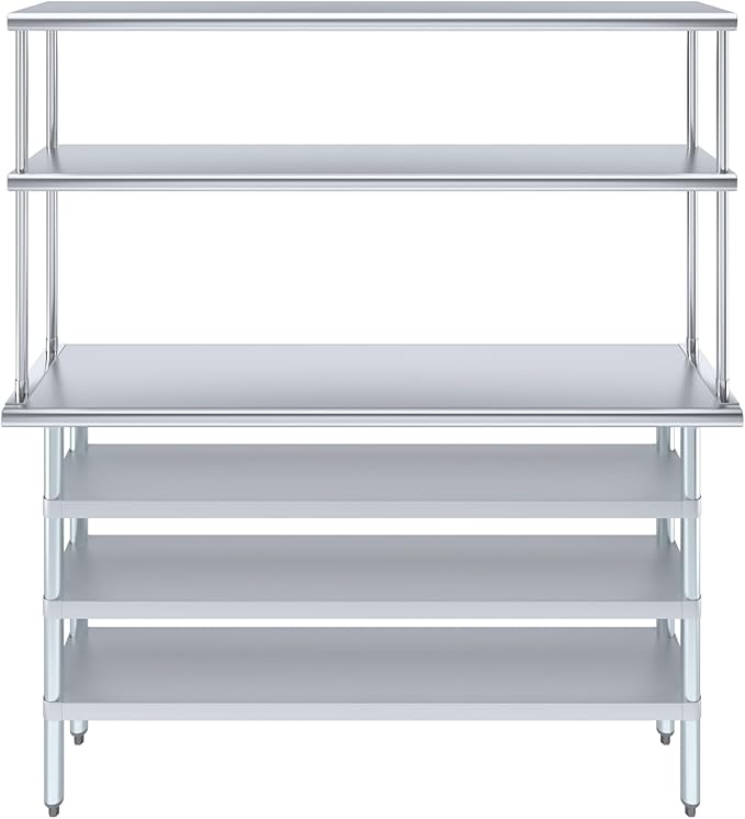 Amgood 14" x 60" Stainless Steel Work Table with 3 Shelves and 12" Wide Double Tier Overshelf | Metal Kitchen Prep Table & Shelving Combo | NSF