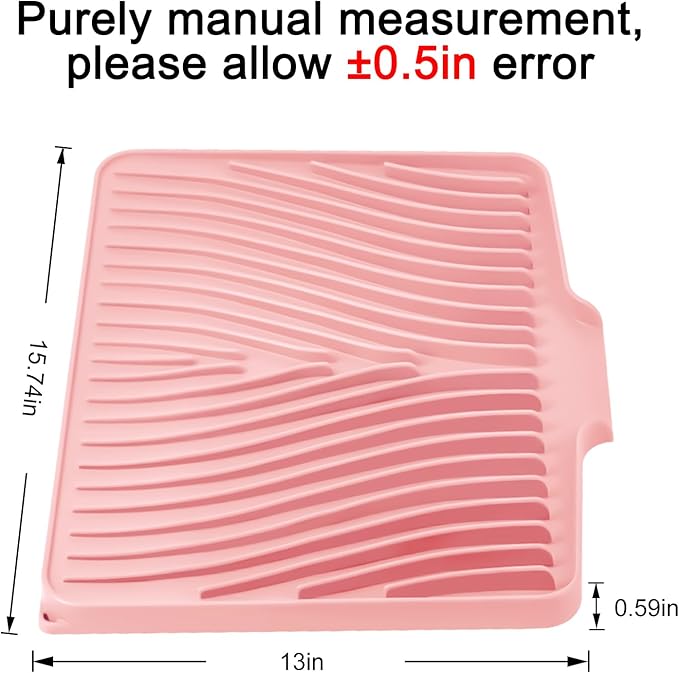 Silicone Dish Drying Mat for Kitchen Counter, Dish Drying Pad, Non-Slip Drain Pad with Built-in Drain, Heat Resistant Stone Drying Mat(15.8" x 13", Pink)