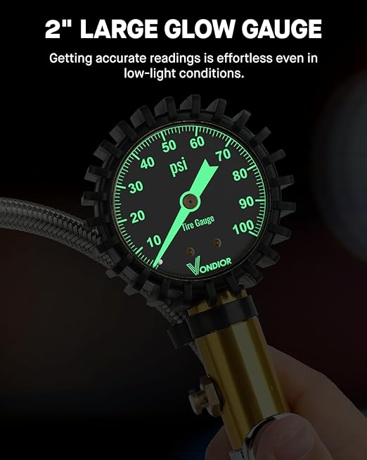 Vondior Tire Inflator with Pressure Gauge(0-100 PSI) - ANSI B40.1 Accurate, Large 2" Glow Dial, Premium Braided Hose, Durable Rubber Hose, Perfect for Any Car, Truck, Motorcycle, RV