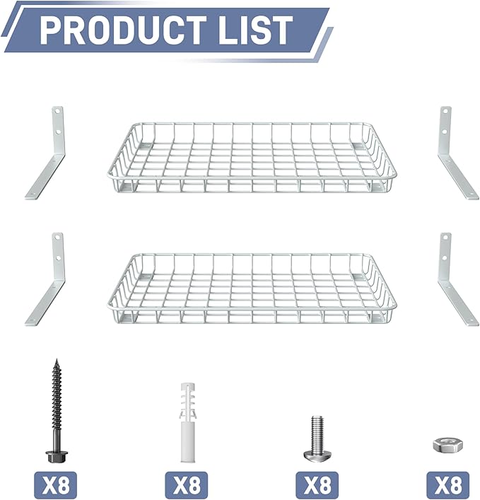 WALMANN Wall Shelves, 12 * 18 inch Wall-Mounted Storage Shelves for Garage, Closet, Laundry Room, Heavy Duty Wall Shelving, Holds Up to 60 lbs(Pack of 2, White)