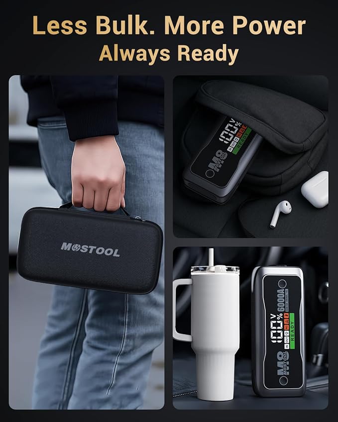 MOSTOOL M8 6000A Flagship Car Jump Starter, 12V Professional Battery Pack with Smart LCD, Heavy Duty Safety Clamps, 24000mAh Power Bank, 400-Lumen LED, Rugged Kit for All Gas & Up to 12.0L Diesel