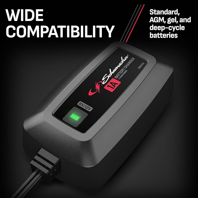 Schumacher Electric 6V / 12V Fully Automatic Battery Charger & Maintainer for Car, Motorcyle, Lawn Mower & Power Sports Batteries - 1A Fully Automatic - with Multi-Stage Charging - SC1586
