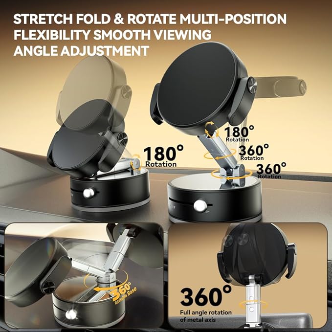 2025 Upgraded Foldable 2-in-1 Clip & Vacuum Magnetic Suction Car Phone Holder Mount, 360° Adjustable Universal Dashboard & Windshield Stand for iPhone 16/15/14/13/12 & Android Phones (Black)