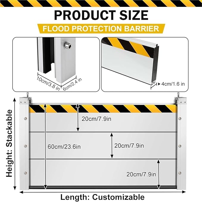 Reusable Heavy Duty Aluminum Flood Barriers for Home Exterior, Flood Protection Barriers Water Barrier Door Quick Detachable Garage Doors Detachable Mobile Rain Water Baffle ( H 15.7 inch L 15.5FT)