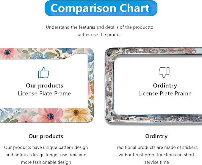 Flowers Floral License Plate Frames - 2 Pcs Set 2 Holes Metal Aluminum Auto Car Accessories Decoration License Plate Frame 12.2 x 6.3 inch for Women Men Gift