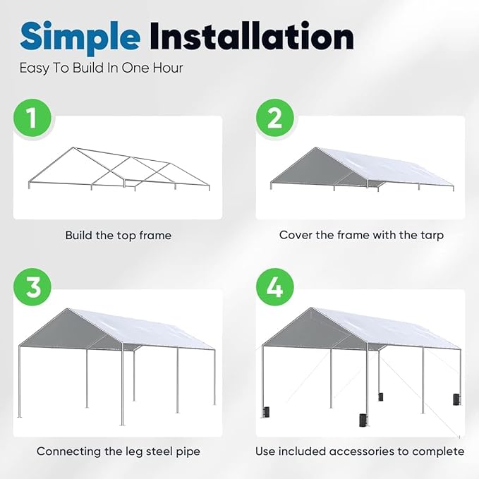Quictent 10x20 ft Heavy Duty Car Canopy Galvanized Frame Carport Outdoor Party Tent Boat Shelter with 3 Reinforced Steel Cables - Gainsboro