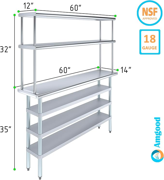 Amgood 14" x 60" Stainless Steel Work Table with 3 Shelves and 12" Wide Double Tier Overshelf | Metal Kitchen Prep Table & Shelving Combo | NSF