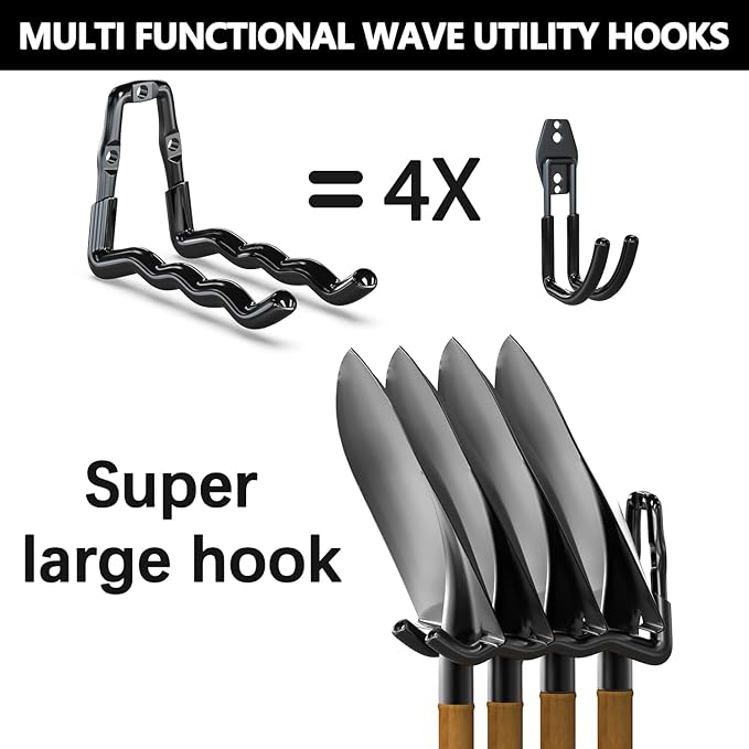 3-H Heavy Duty Garage Hooks 4 Pack, One-Piece Construction Garage Wall Hooks, Garage Hanger & Organizer Wall Mount for Ladders, Bikes, Chairs, WeedEaters, Shovels, Garden Tools (Black)