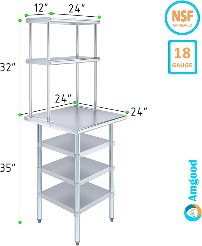 Amgood 24" x 24" Stainless Steel Work Table with 3 Shelves and 12" Wide Double Tier Overshelf | Metal Kitchen Prep Table & Shelving Combo | NSF