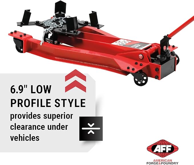 AFF Low Profile Manual Hydraulic Transmission Jack - Heavy Duty Steel Body, Adjustable Saddle with Safety Chain & 360 Handle - For Transmissions, Transfer Cases & Differentials (Multiple Capacities)