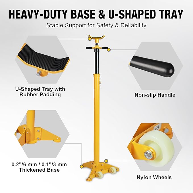 YELLOW JACKET 3/4 Ton Underhoist Support Stand with Two Wheels, Lifting from 43.3" to 70.9", Bearing Mounted Spin Handle, Contoured Saddle, Supports Vehicle Components, Self-Locking Screw