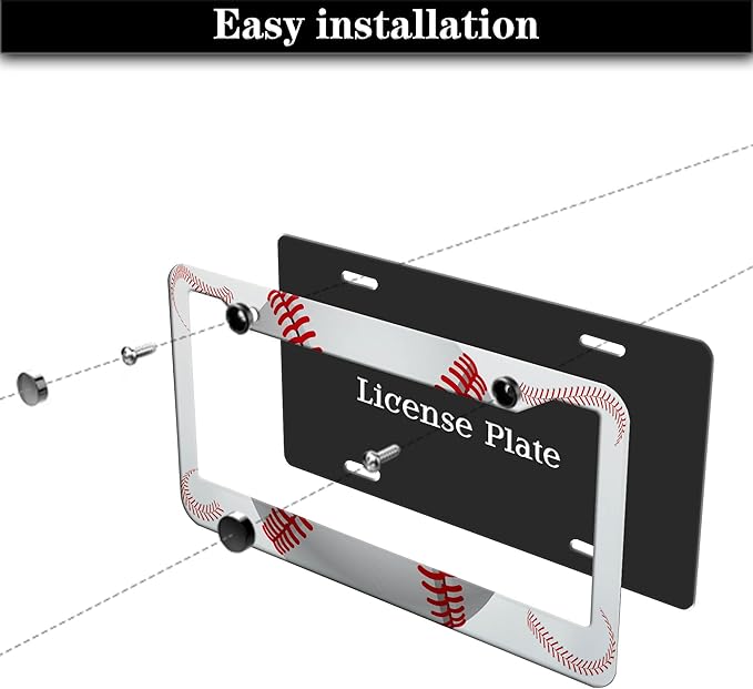 License Plate Frames for Men Red and White License Plate Cover for Women Baseball Texture Aluminum Metal Car Accessory 2 Pack with Screw Covers Set