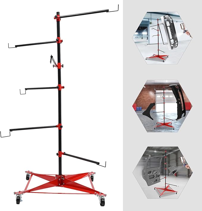 Panel Tree Stand for Painting Rotatable FreeStanding Panel Paint Holder with Wheels Adjustable Center Post for Hang Automotive Doors Fenders Bumpers, Car Repair Shops, Garages(29.5*29.5*70.87in)