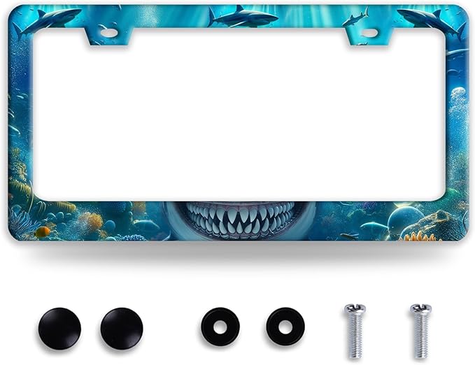 Shark License Plate Frame Ocean Marine Fish License Plate Holder Funny Stainless Steel Accessories Cars Decor with 2 Holes and Screws Fits Standard Us Ca Vehicles License Plate Frames 12.2 X 6 Inch