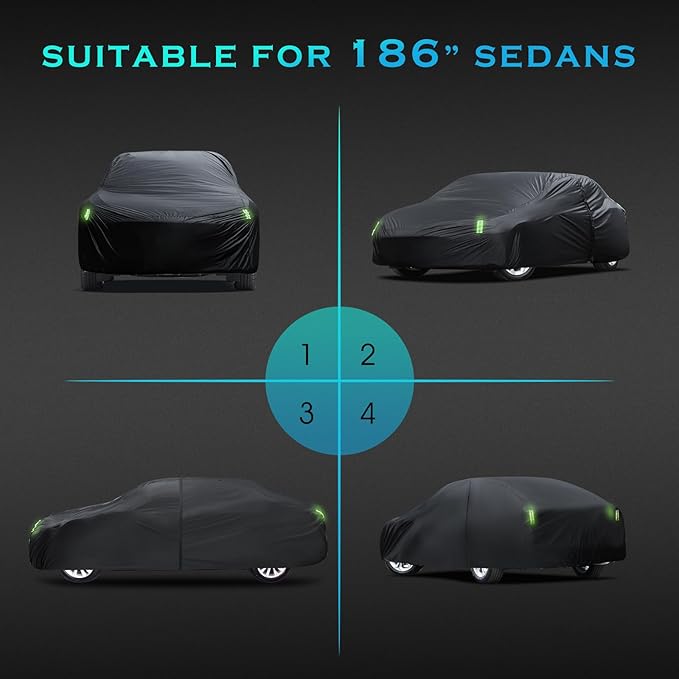 Car Cover Waterproof All Weather for Automobiles Full Exterior Covers Outdoor Rain Sun UV Protection w/Zipper, Size A2 Universal Fit for Honda Civic, Toyota Corolla, Hyundai Elantra,etc(178-186 inch)