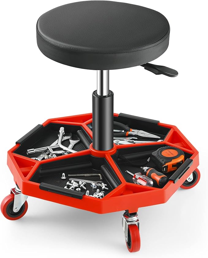 Adjustable Mechanic Rolling Stool, Pneumatic Rolling Stool with Wheels, Tool Storage Tray & Padded Seat Cushion, Garage Stool Chairs Creeper Seat (Red)