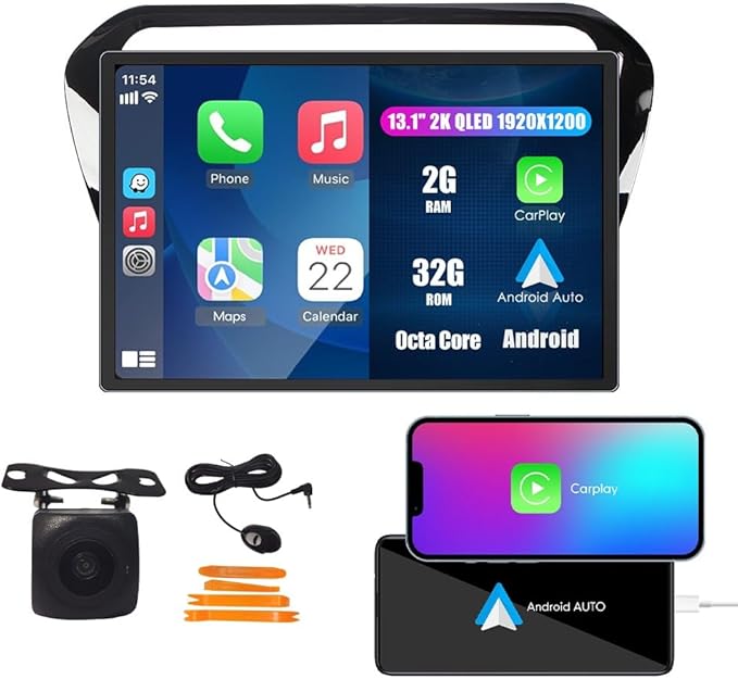 Kunfine Car CarPlay Android Auto Navigation Stereo GPS Radio Camera Display 13.1" QLED Touchscreen Headunit Tablet Media Player for Peugeot 301 2013-2022, if Applicable Octa Core 2G+32G Gloss Black
