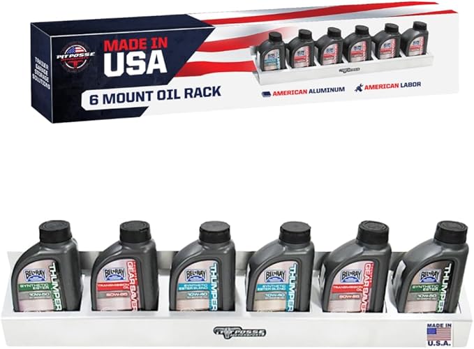 Pit Posse 304 Six Quart Oil Can Rack Holder 32" Caddy Wall Hanger Aluminum Shelf - Made in USA - Holds 6 Quarts of Motor Engine Oil - Enclosed Race Trailer Shop Garage Storage Organizer (Silver)