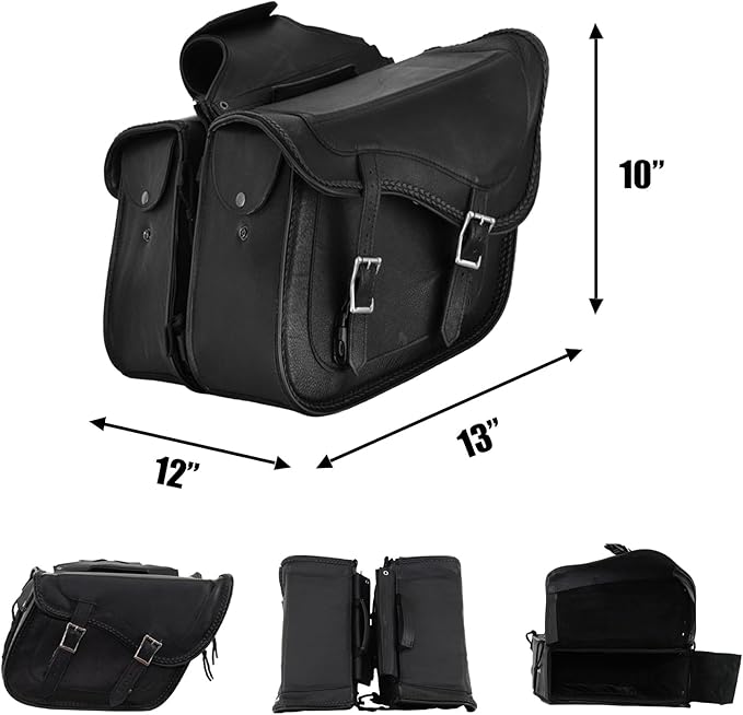 GARGOYLE BELLS Motorcycle Saddle Bags Genuine Leather Motorcycle Luggage Bag For Softails Sportsters and Choppers (No Stud, Black, 13”x13“x10”)