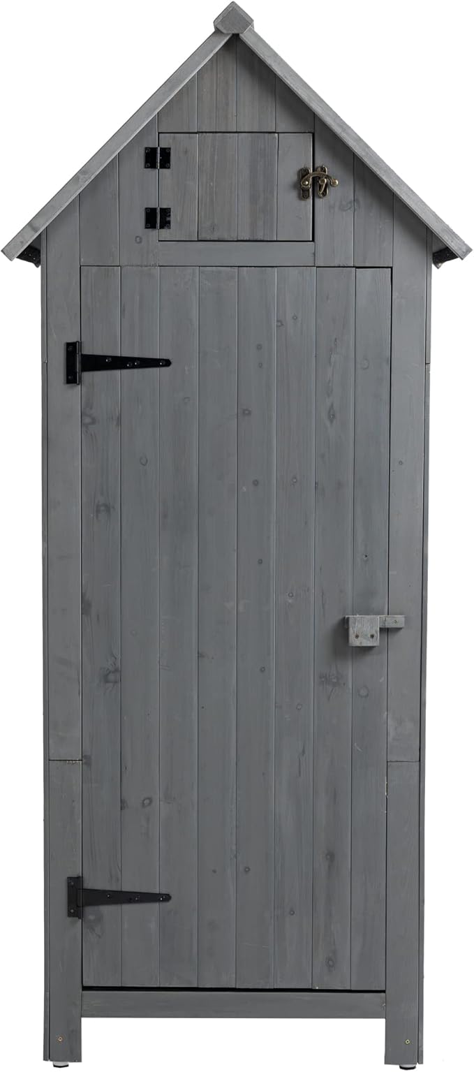 30.3" L X 21.3" W X 70.5" H Outdoor Storage Shed with Waterproof Roof, Solid Fir Wood Frame, and 3 Compartments for Garden Tools, Mower, and Hose,Grey