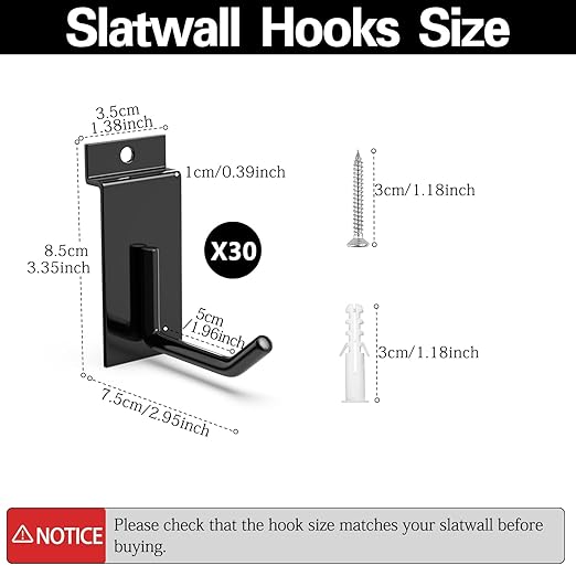 3-H Slatwall Accessories 30 Pack, 2 Inch Slatwall Hooks & Hangers, Heavy Duty Slat Wall Hanging Hooks, Proslat Accessories for Shop Retail Display