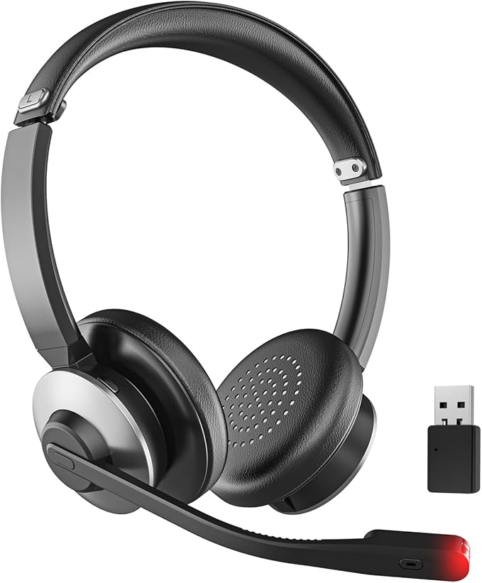 Bluetooth 5.3 Headset, Wireless Headset with Mic for Work, Wireless Headphones with Mic Noise Cancelling & USB Dongle, 26H Working Time & Mute Function, Fit for PC/Laptop/Office/Call Center/Zoom/Home
