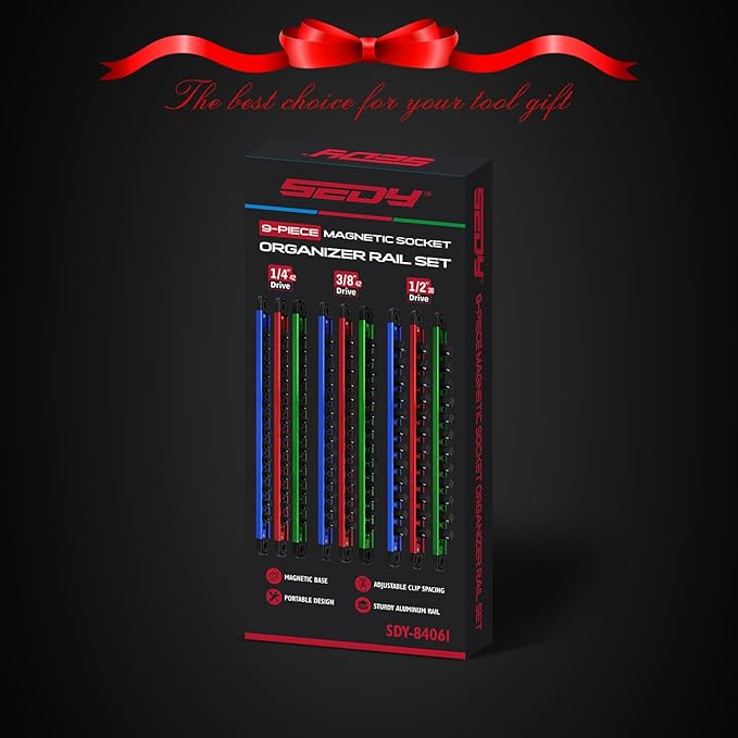 Magnetic Socket Holder Organizer Set: 9-Piece Detachable 1/4, 3/8, 1/2 Socket Trays Socket Organizer for Tool Box Drawer Holds 120-Piece Standard Size Sockets for Automotive Garage(Blue Red Green)