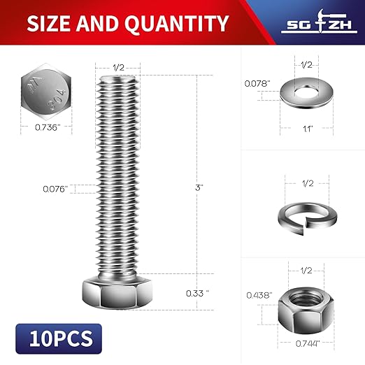 1/2-13 x 3" Hex Head Screw Bolt, Nuts, Flat & Lock Washers, 10Pcs 18-8 (304) Stainless Steel, Fully Threaded, by SG TZH