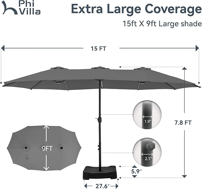 PHI VILLA 15ft Large Patio Umbrellas with Base, Outdoor Double-Sided Rectangle Market Umbrella for Pool Lawn Garden, Light Gray